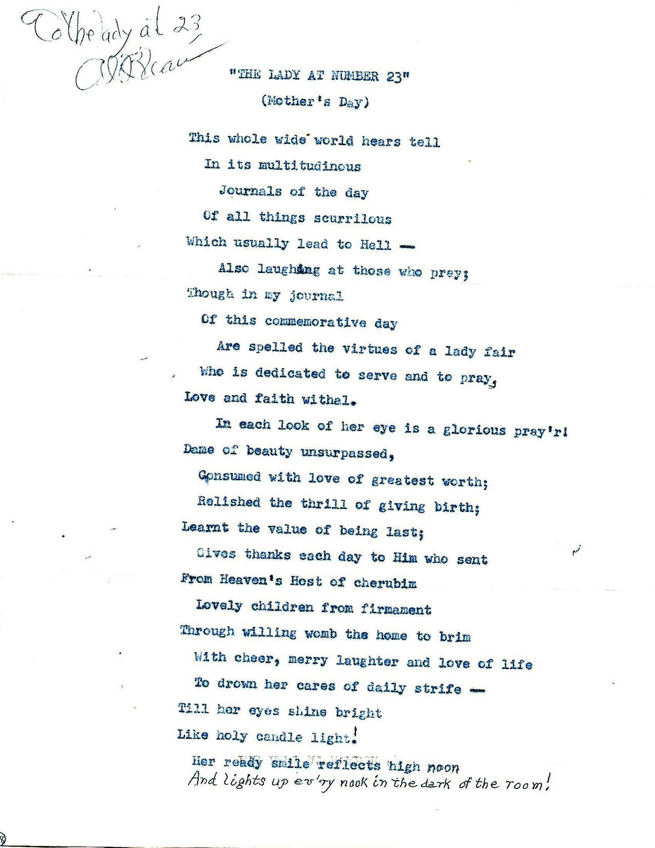 Al Bleau Poem He Wrote for Marilyn L Sweeney ...  "The Lady at Number 23"